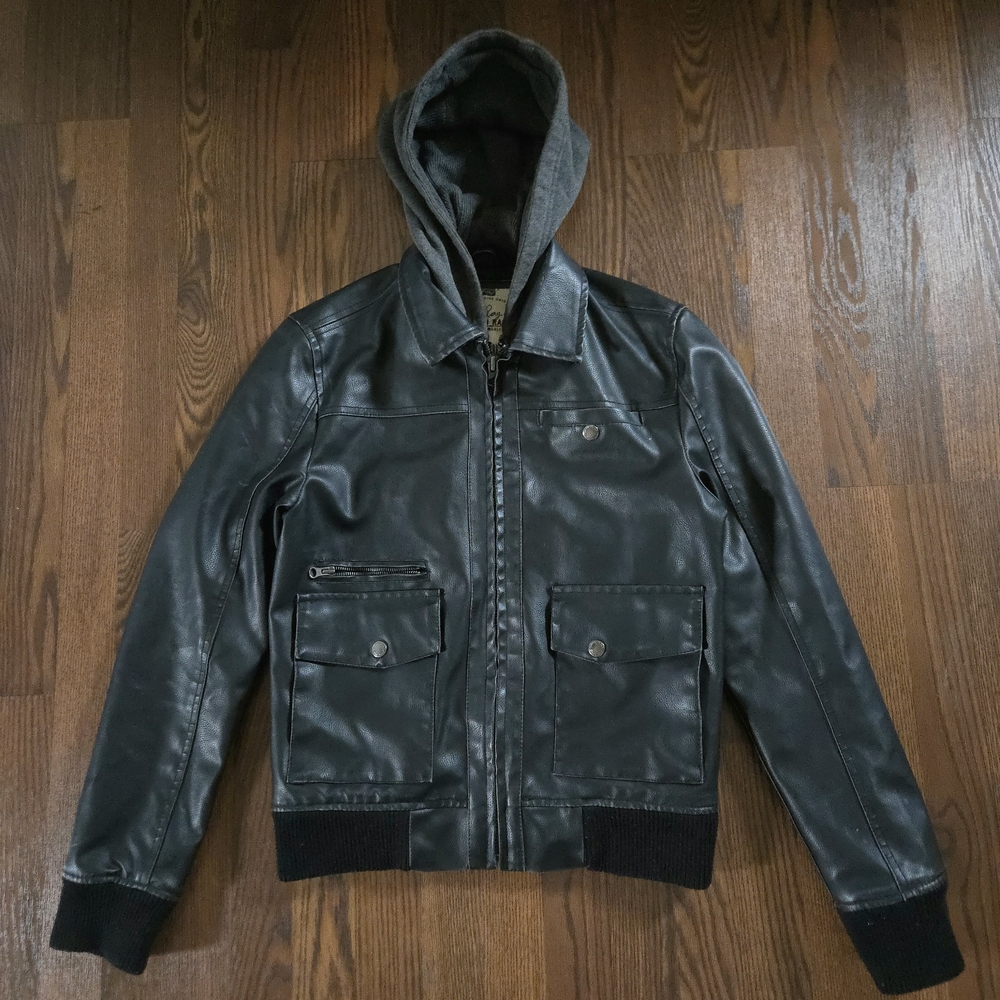 American Rag Leather Jacket zip-up biker jacket w/ built-in hoodie - Mens Small